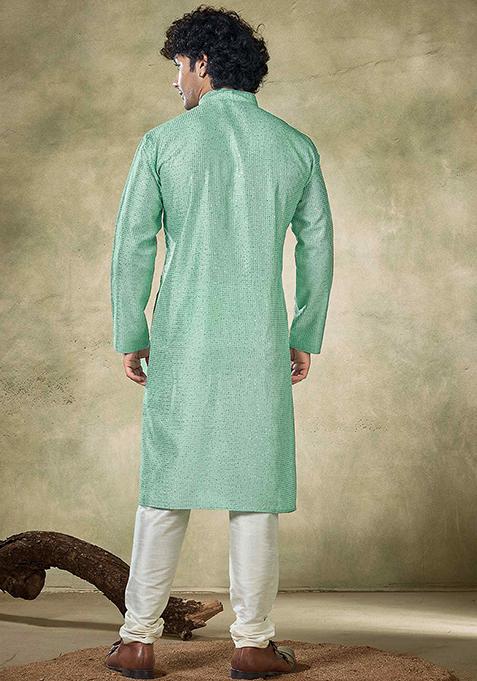 Sea Green Sequin work viscose Kurta Set For Men