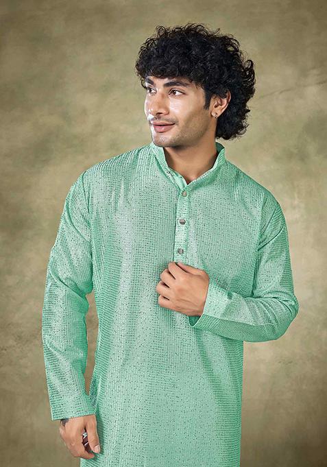 Sea Green Sequin work viscose Kurta Set For Men