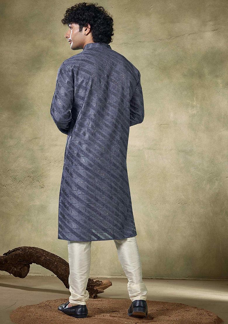 Blue Sequin work viscose Kurta Set For Men