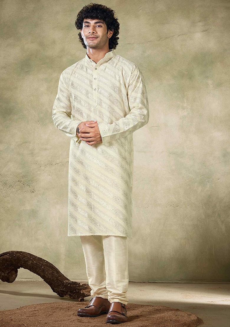 Off White Sequin work viscose Kurta Set For Men