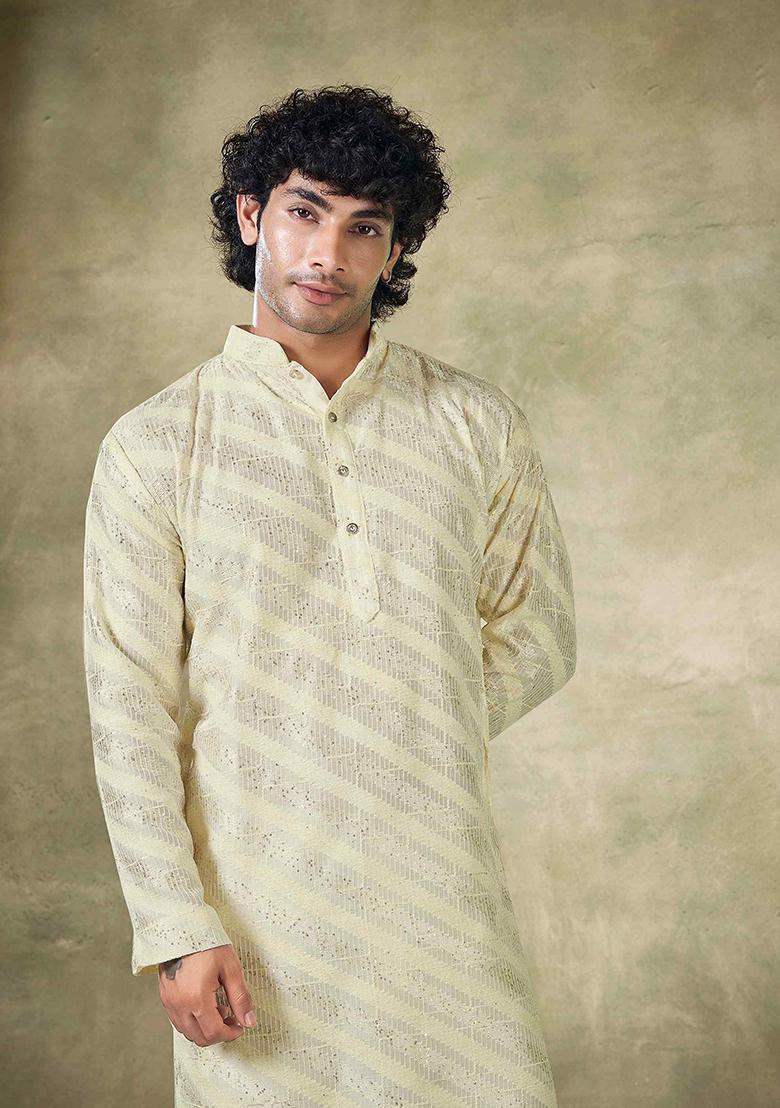Off White Sequin work viscose Kurta Set For Men