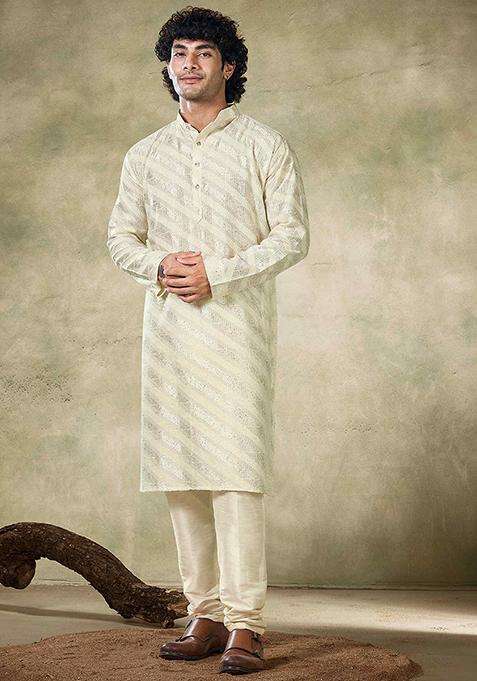 Off White Sequin work viscose Kurta Set For Men