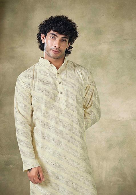 Off White Sequin work viscose Kurta Set For Men