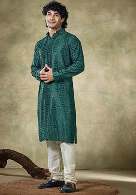 Green Sequin work viscose Kurta Set For Men