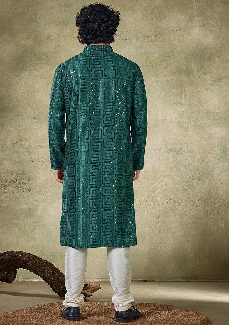 Green Sequin work viscose Kurta Set For Men