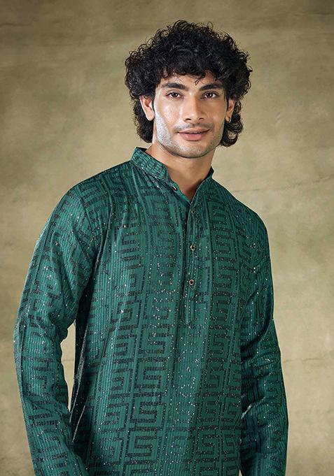 Green Sequin work viscose Kurta Set For Men