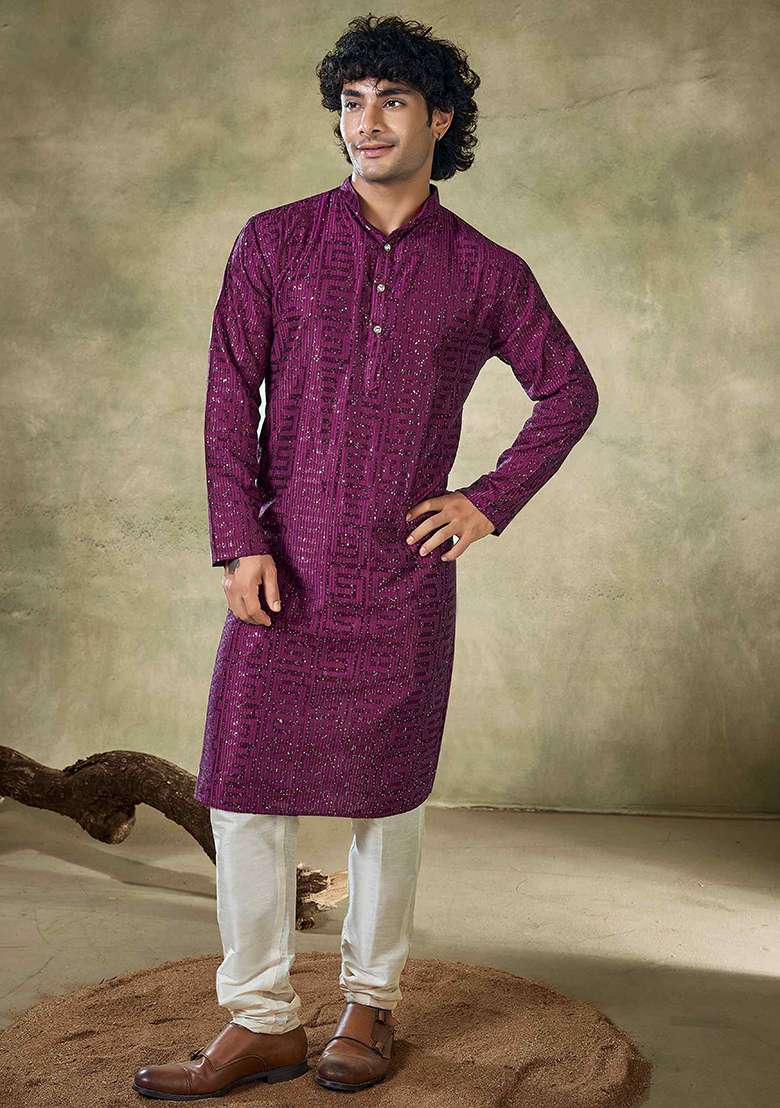 Wine Sequin work viscose Kurta Set For Men - Indya