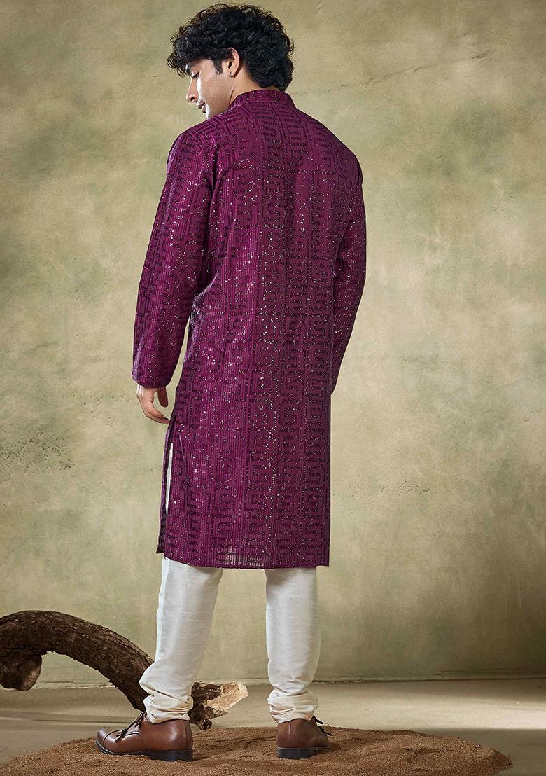 Wine Sequin work viscose Kurta Set For Men