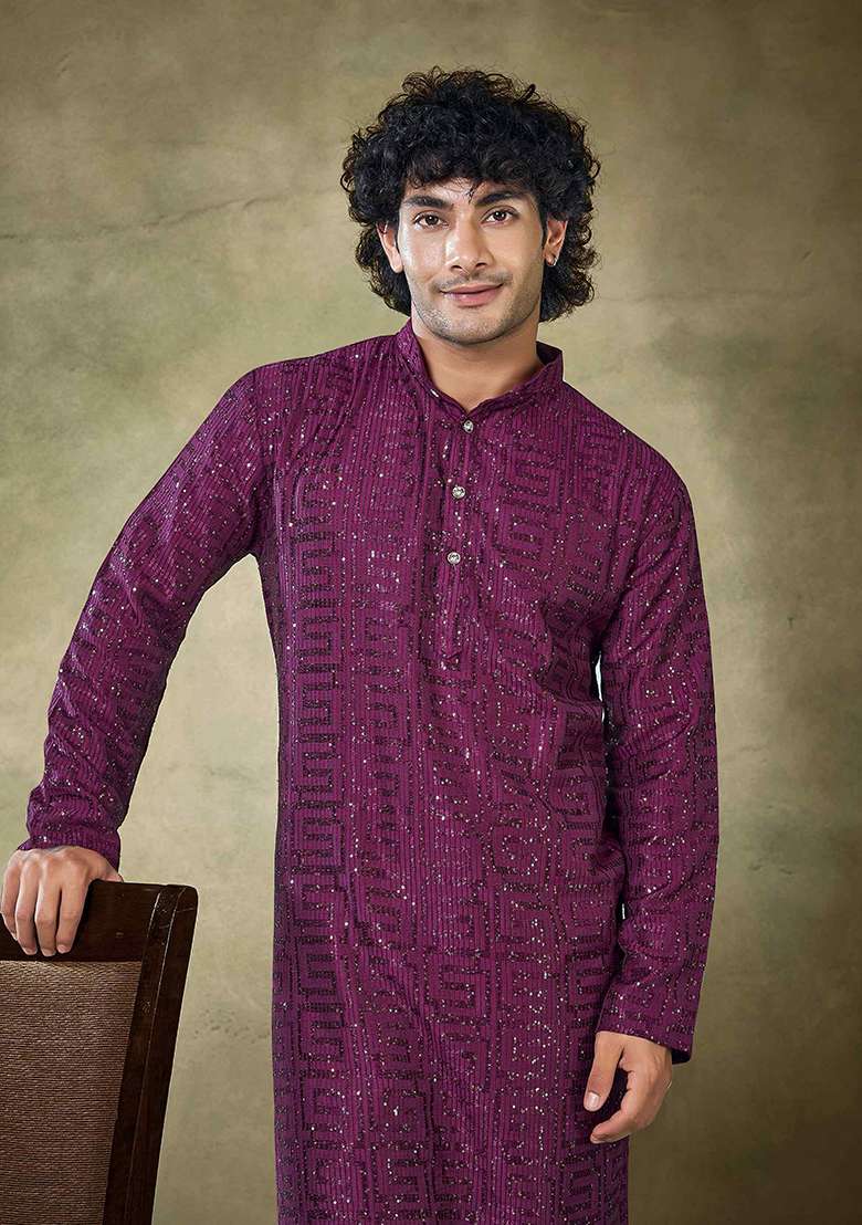 Wine Sequin work viscose Kurta Set For Men - Indya