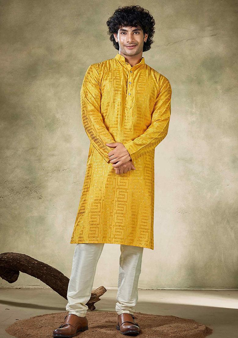 Yellow Sequin work viscose Kurta Set For Men