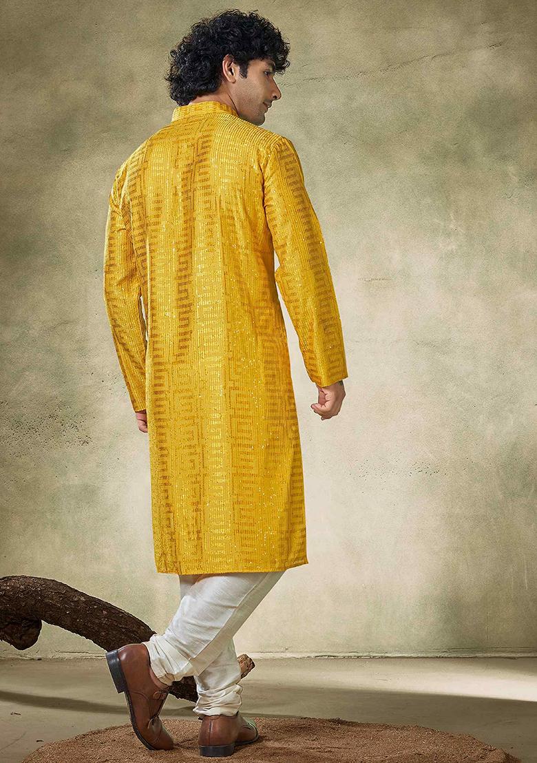 Yellow Sequin work viscose Kurta Set For Men