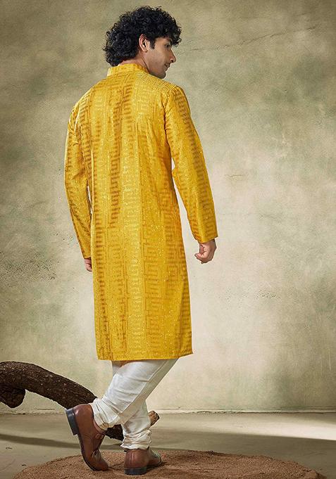 Yellow Sequin work viscose Kurta Set For Men