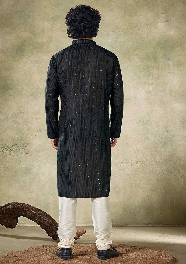 Black Sequin work viscose Kurta Set For Men