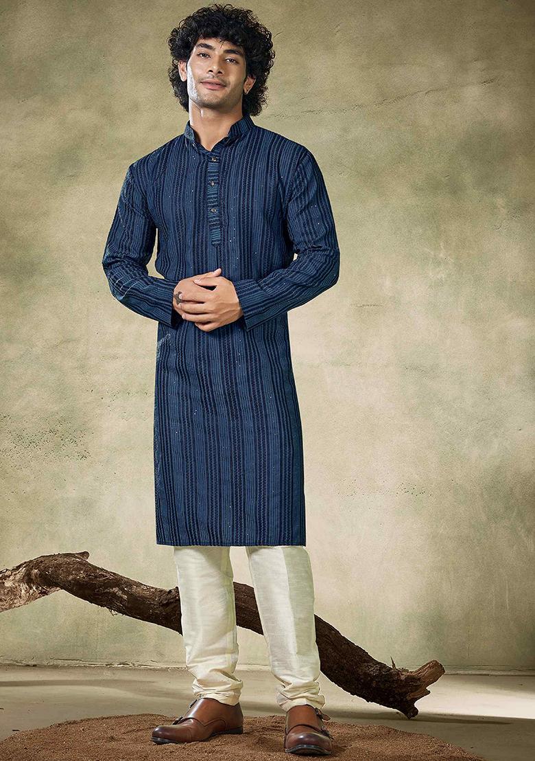 Teal Sequin work viscose Kurta Set For Men