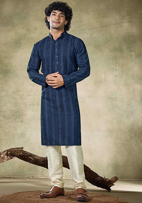 Teal Sequin work viscose Kurta Set For Men