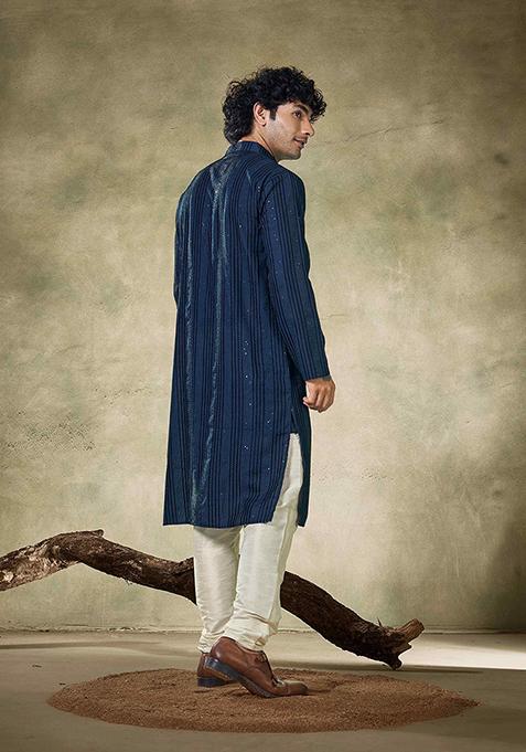 Teal Sequin work viscose Kurta Set For Men
