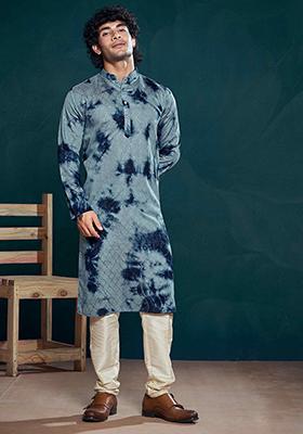 Blue Sequin work viscose Kurta Set For Men