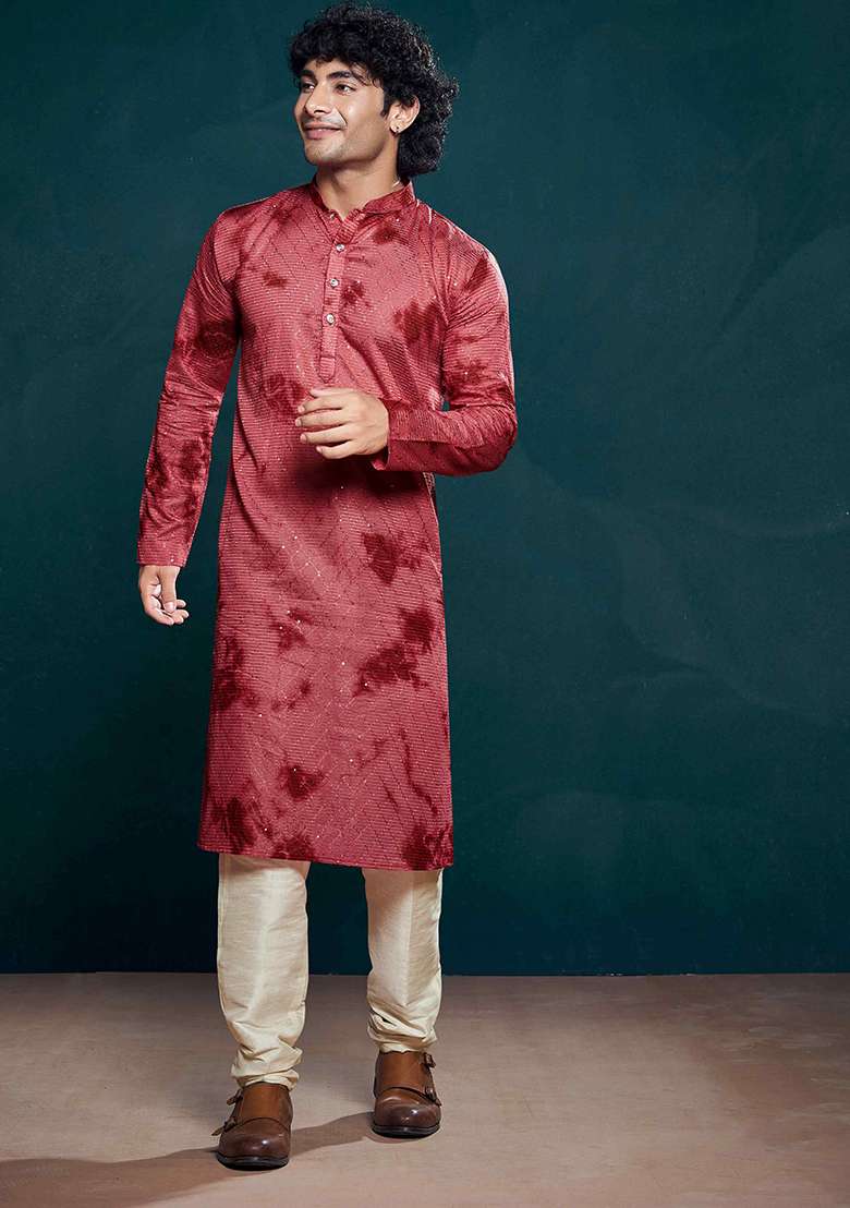 Maroon Sequin work viscose Kurta Set For Men - Indya