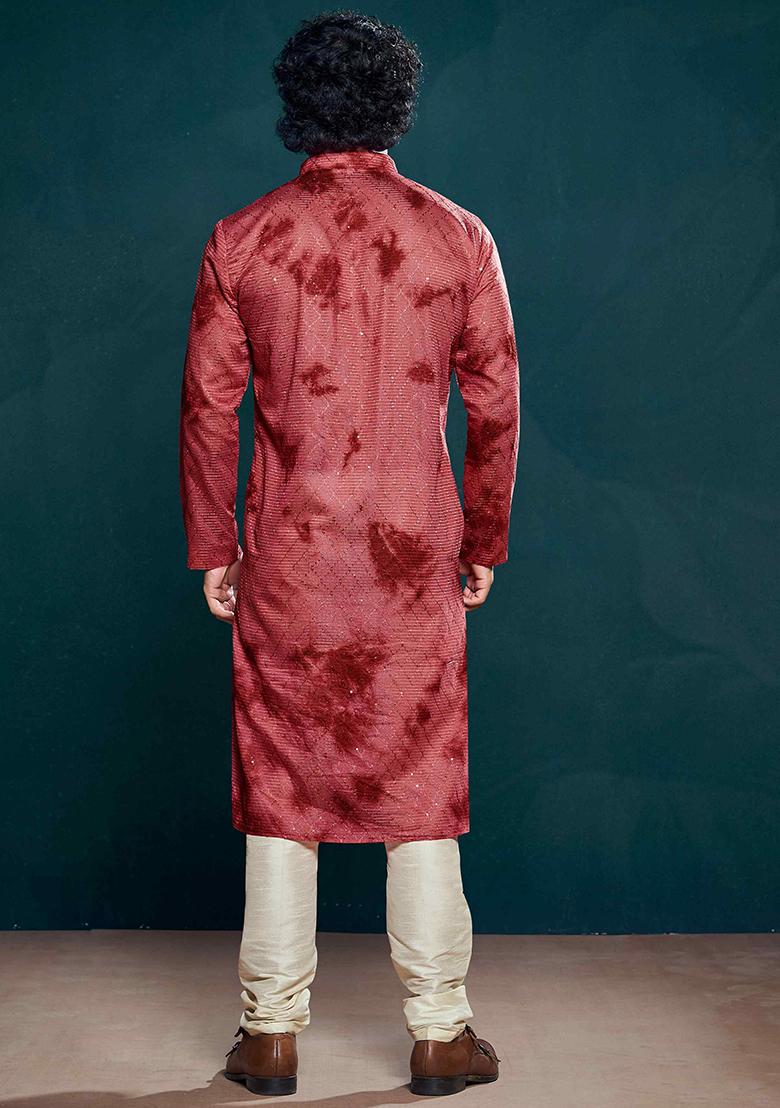 Maroon Sequin work viscose Kurta Set For Men