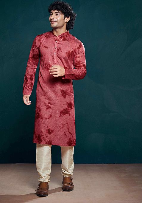 Maroon Sequin work viscose Kurta Set For Men