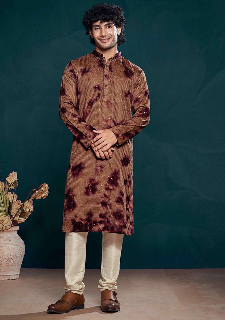 Wine Sequin work viscose Kurta Set For Men - Indya