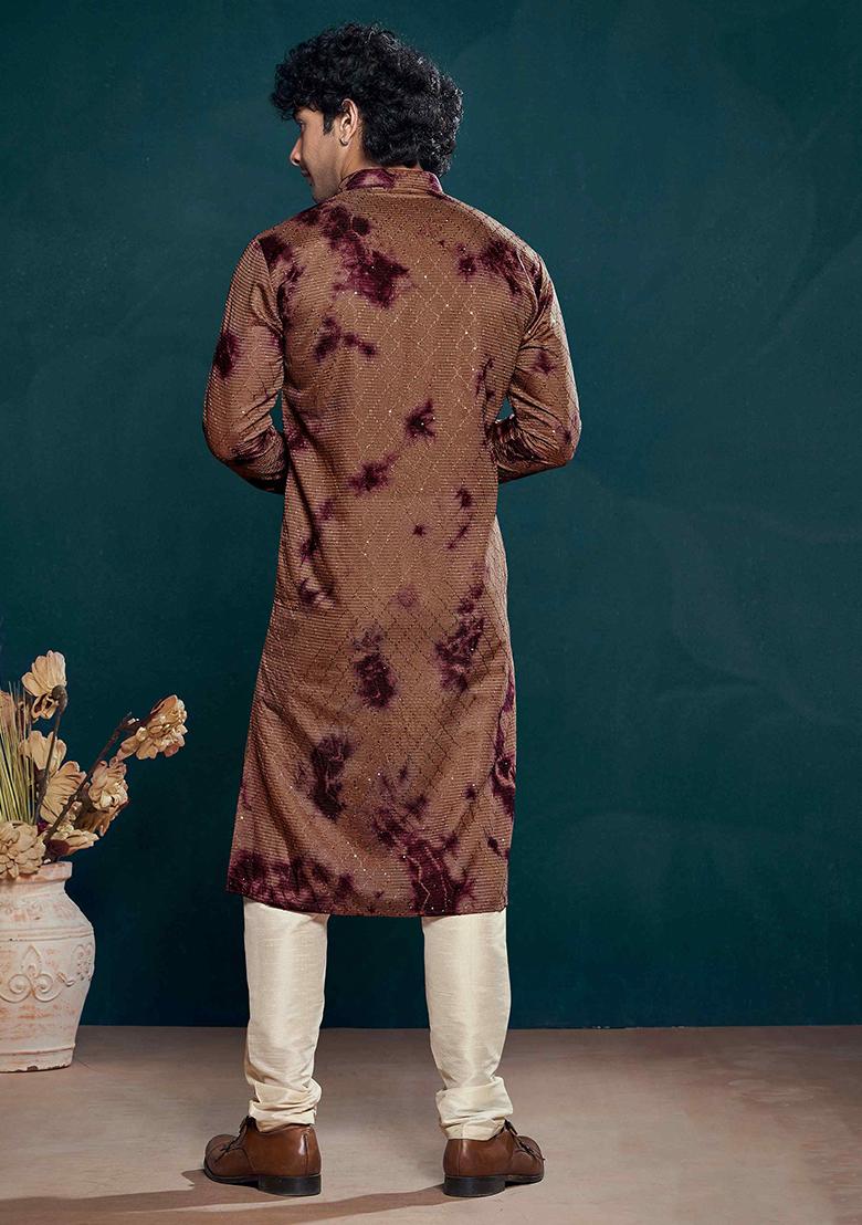 Wine Sequin work viscose Kurta Set For Men