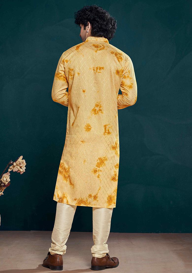 Yellow Sequin work viscose Kurta Set For Men