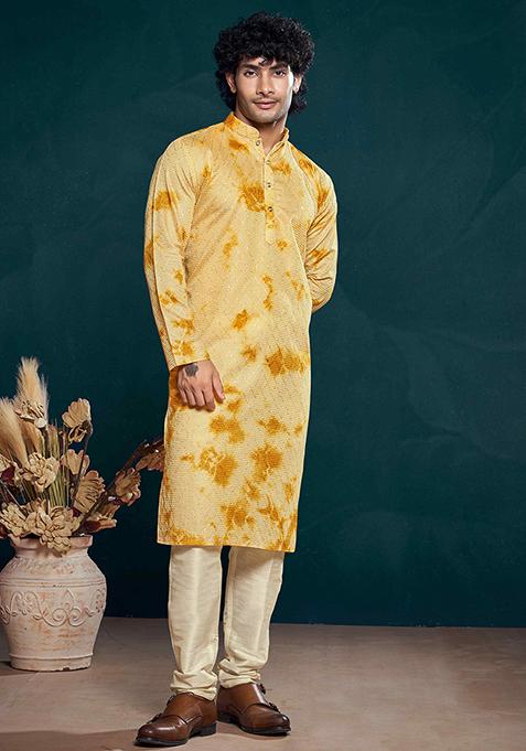 Yellow Sequin work viscose Kurta Set For Men