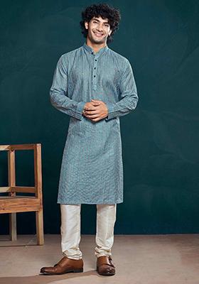 Blue Sequin work viscose Kurta Set For Men