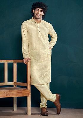 Off White Sequin work viscose Kurta Set For Men