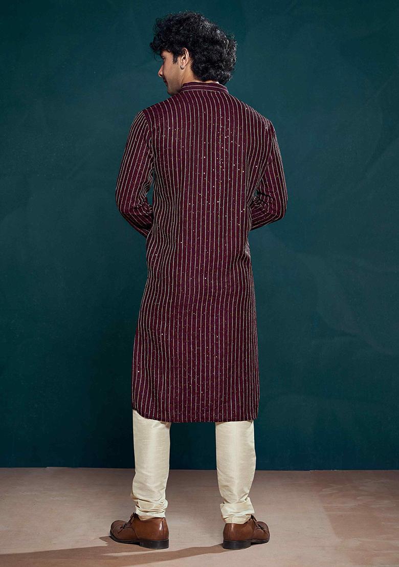 Wine Sequin work viscose Kurta Set For Men