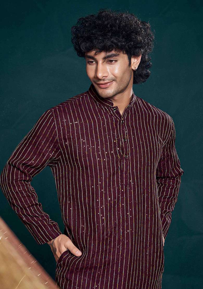 Wine Sequin work viscose Kurta Set For Men - Indya