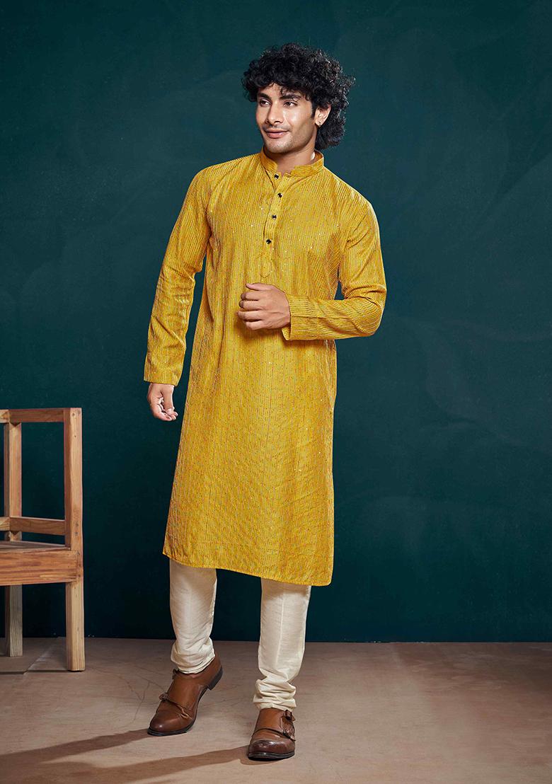Yellow Sequin work viscose Kurta Set For Men