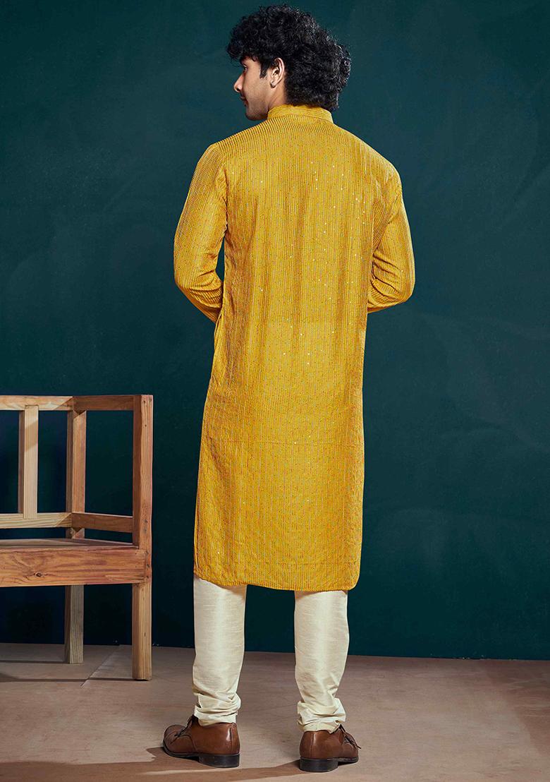 Yellow Sequin work viscose Kurta Set For Men