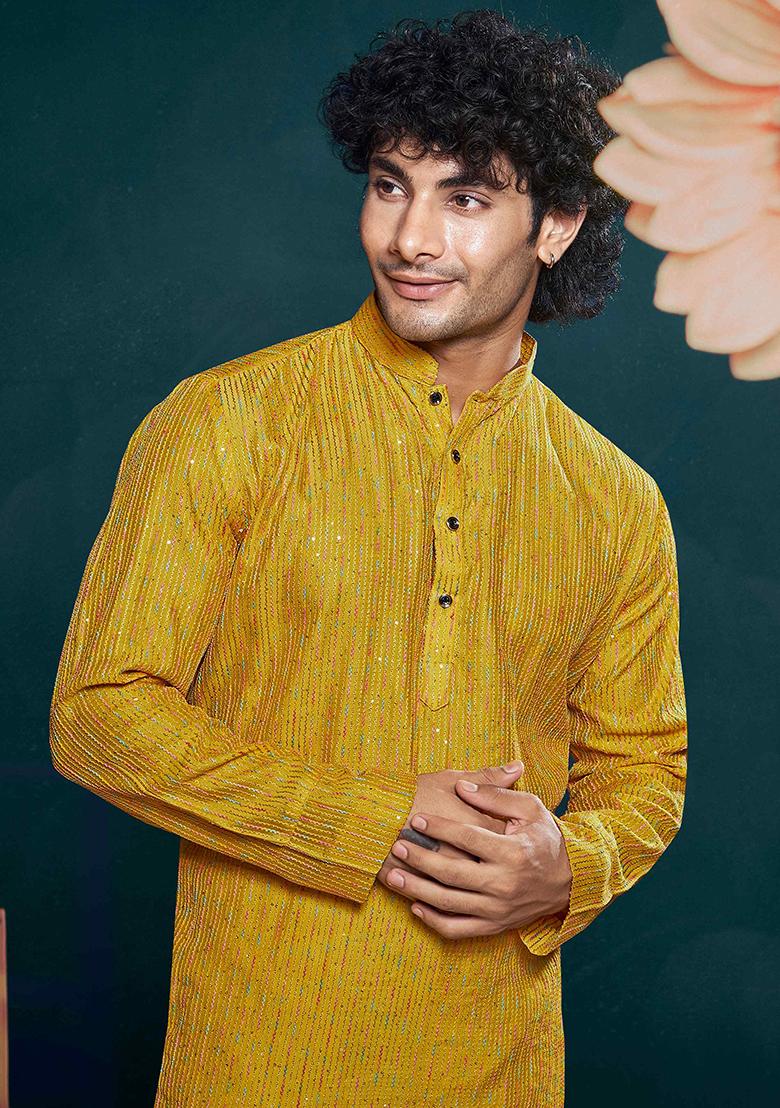 Yellow Sequin work viscose Kurta Set For Men