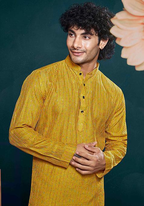 Yellow Sequin work viscose Kurta Set For Men