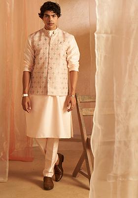 Peach Abstract print viscose Kurta Set For Men