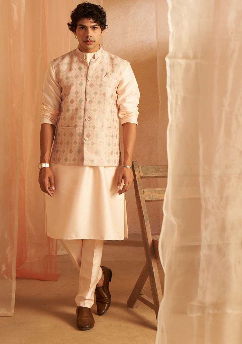 Peach Abstract print viscose Kurta Set For Men - Indya