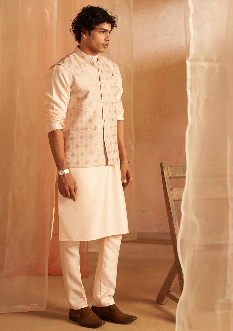 Peach Abstract print viscose Kurta Set For Men