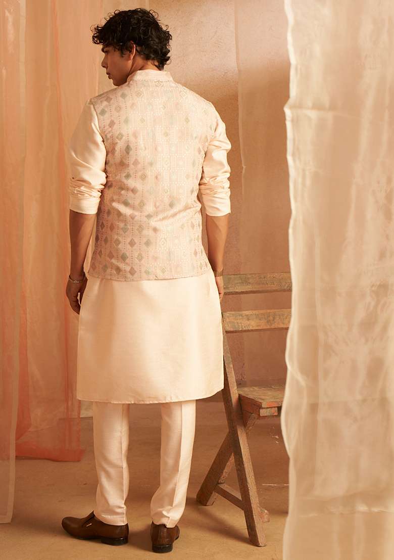 Peach Abstract print viscose Kurta Set For Men - Indya