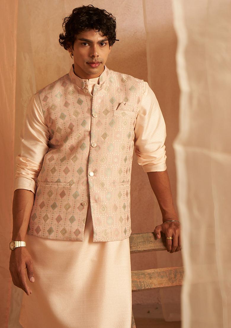 Peach Abstract print viscose Kurta Set For Men