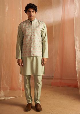 Green Abstract print viscose Kurta Set For Men