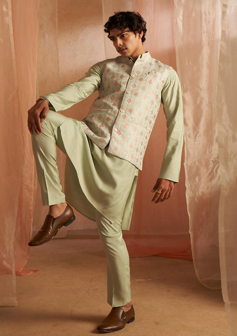 Green Abstract print viscose Kurta Set For Men