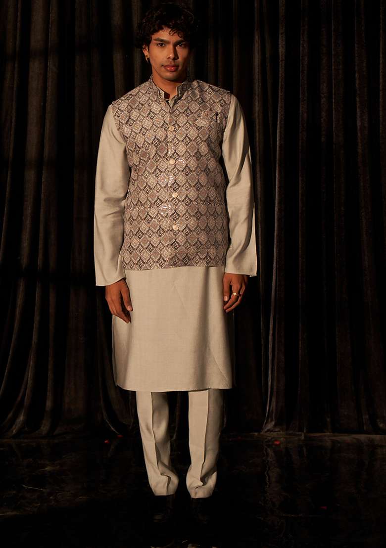 Grey Abstract print viscose Kurta Set For Men - Indya