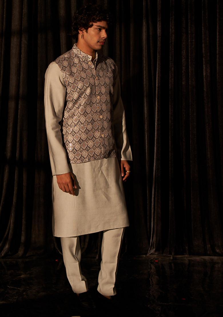 Grey Abstract print viscose Kurta Set For Men