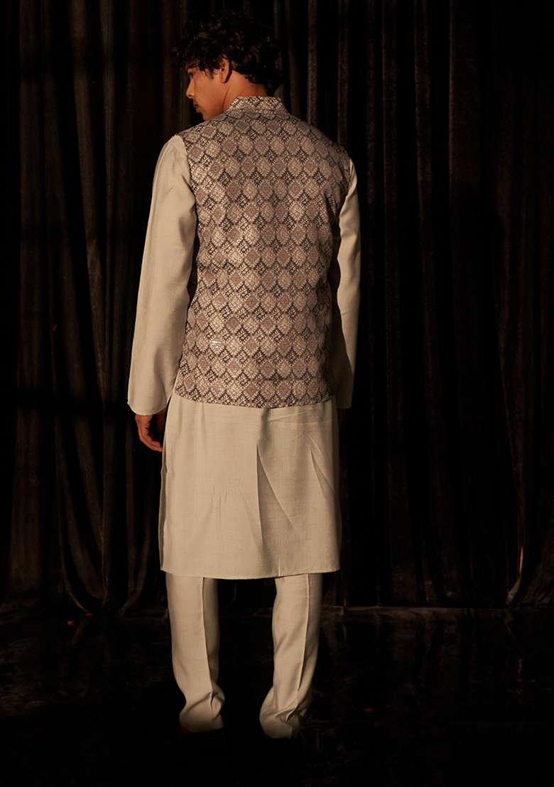Grey Abstract print viscose Kurta Set For Men - Indya
