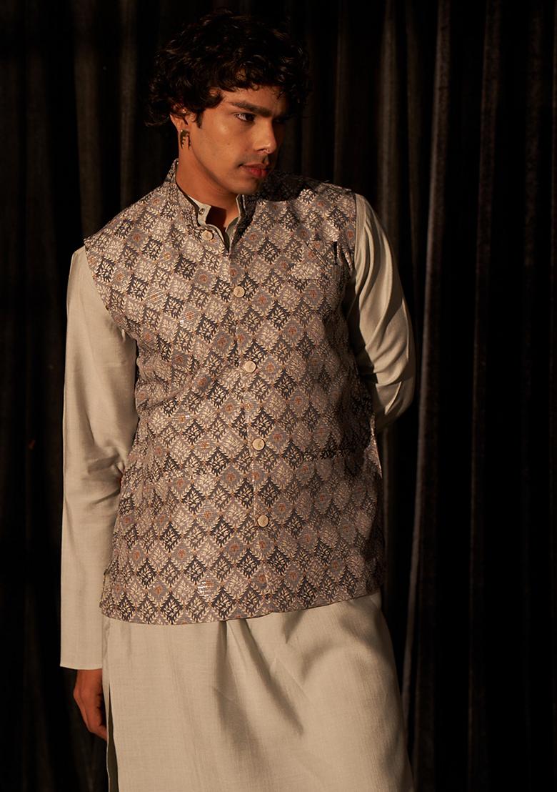 Grey Abstract print viscose Kurta Set For Men