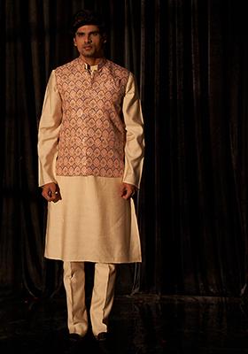 Brown Abstract print viscose Kurta Set For Men