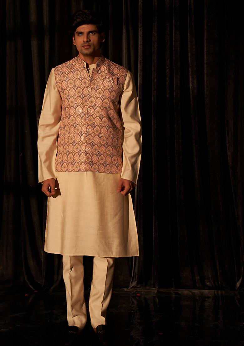 Brown Abstract print viscose Kurta Set For Men