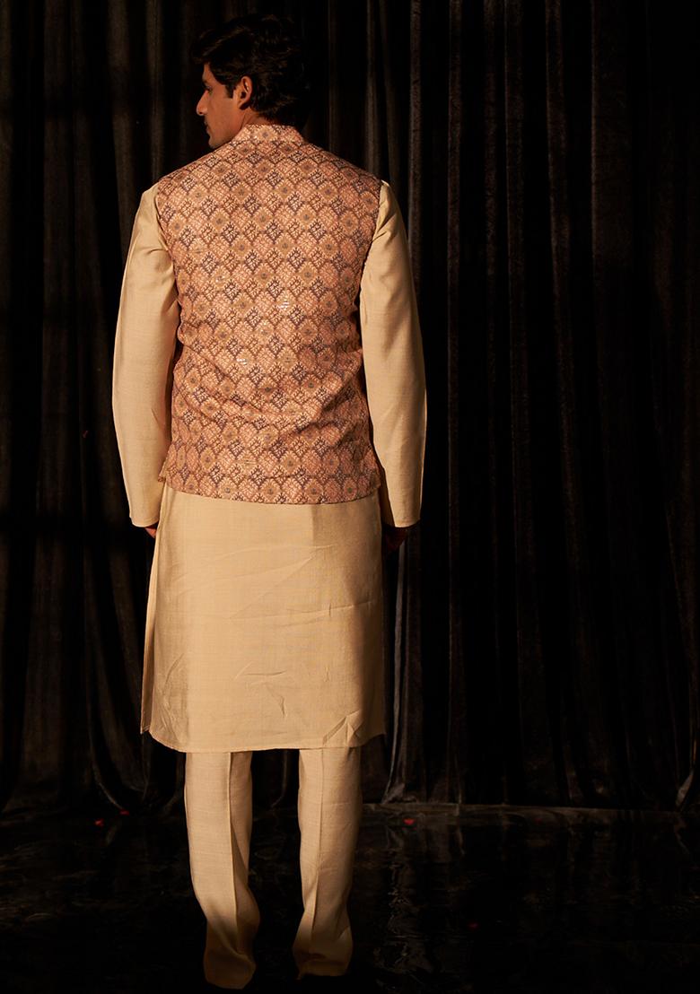 Brown Abstract print viscose Kurta Set For Men
